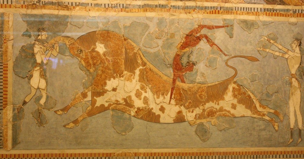 Minoan Bull-leaping Fresco from Knossos, Crete.  (Final Palatial period 1450-1400 BCE), Heraklion Archaeological Museum, Crete.