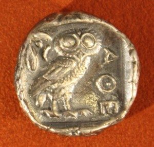 Athenian Silver Tetradrachm, 479-454 BCE. O: Athena. R: Owl and olive branch.