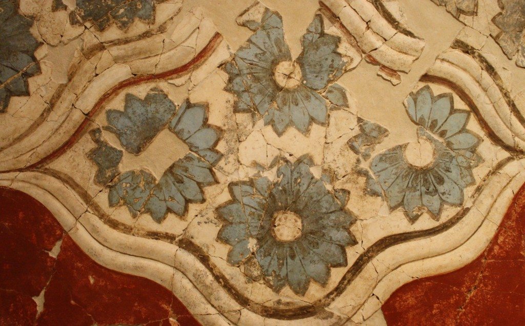 A section of a wall-painting with relief ornament and painted rosettes from Akrotiri on Thera (Santorini), 17th century BCE. (Museum of Prehistoric Thera, Santorini).