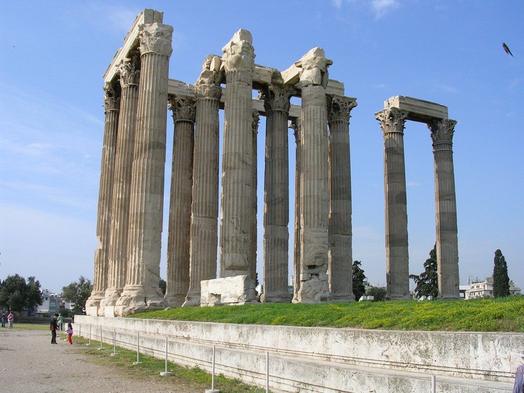 The remaining Corinthian columns of the 5th century BCE temple of Olympian Zeus, Athens. It was not actually completed untilthe 2nd century CE.