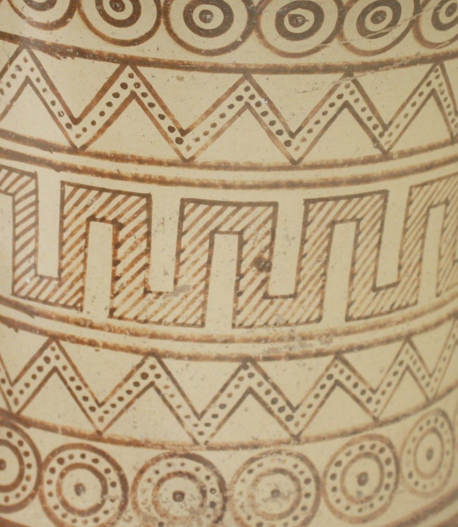 A detail of a 7th century BCE amphora displaying the common design motifs of the Geometric style of Greek pottery. The style was in use from 900 to 600 BCE in the Greek world and involved decorating vessels with simple linear motifs and stylised figures. From ancient Thera, Santorini. Archaeological Museum, Thera. 