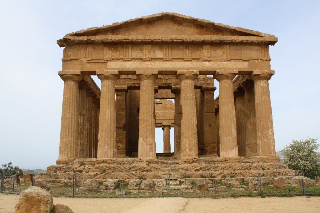 The Temple of Concordia, Agrigento, Sicily. The temple, in Doric style, was constructed between 440 and 430 BCE and had 6 columns on the facade and 13 along the sides. It is one of the best preserved Greek style temples in the Mediterranean.