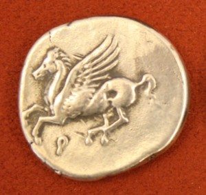 Silver Stater from Corinth, 386-307 BCE. O: Pegasus, R: Athena.