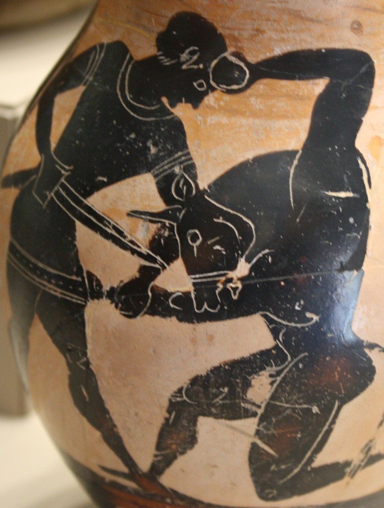 Greek black-figure amphora with Theseus and the Minotaur. 6th century BCE, Archaeological Museum, Milan, Italy. 