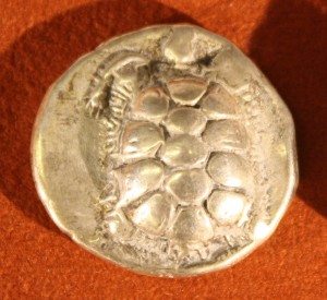 Silver stater from Aegina, 4th century BCE. O: Tortoise, R: Incuse square.