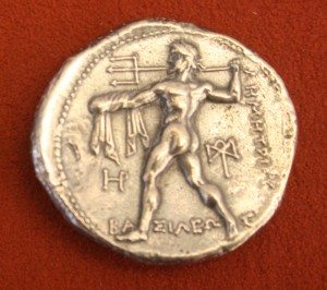 Silver tetradrachm from Macedon, 306-283 BCE. O: Nike, R: Poseidon.
