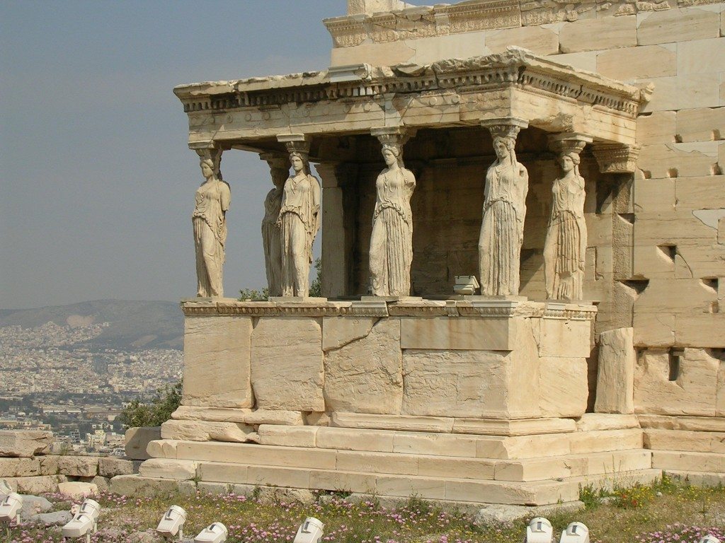 The 5th century BCE Erechtheion, the Acropolis, Athens. The famous south porch had six caryatids and the temple stored the sacred wooden statue of Athena. 