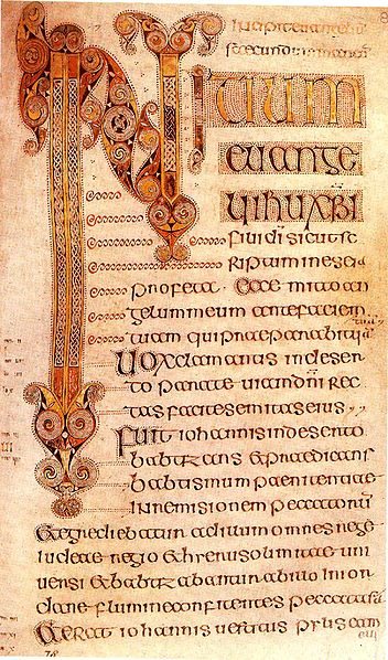 Decorated text from the <em>Book of Durrow</em> produced in Ireland or England (Northumbria), c. 650-700 CE. This folio shows beginning of the Gospel of Mark.