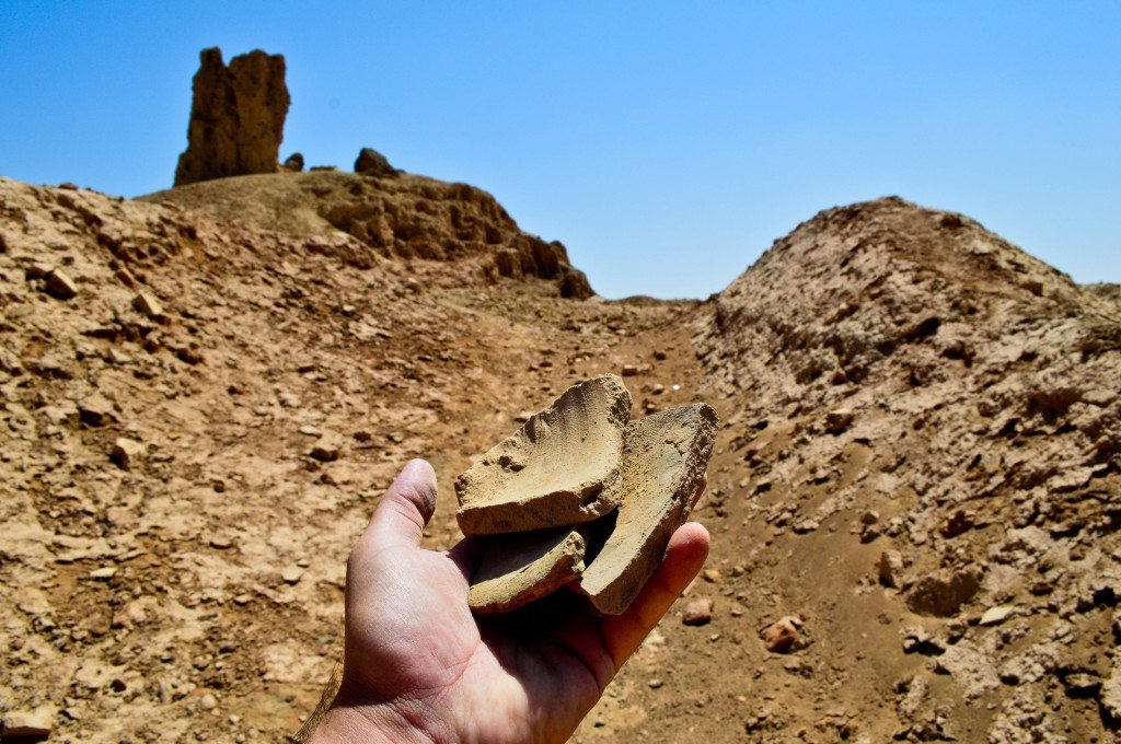 Fragments of a pottery jar; an aftermath of looters attempts to uncover artifacts and sale them. Illegal excavations have targeted several archeological sites in Iraq. 