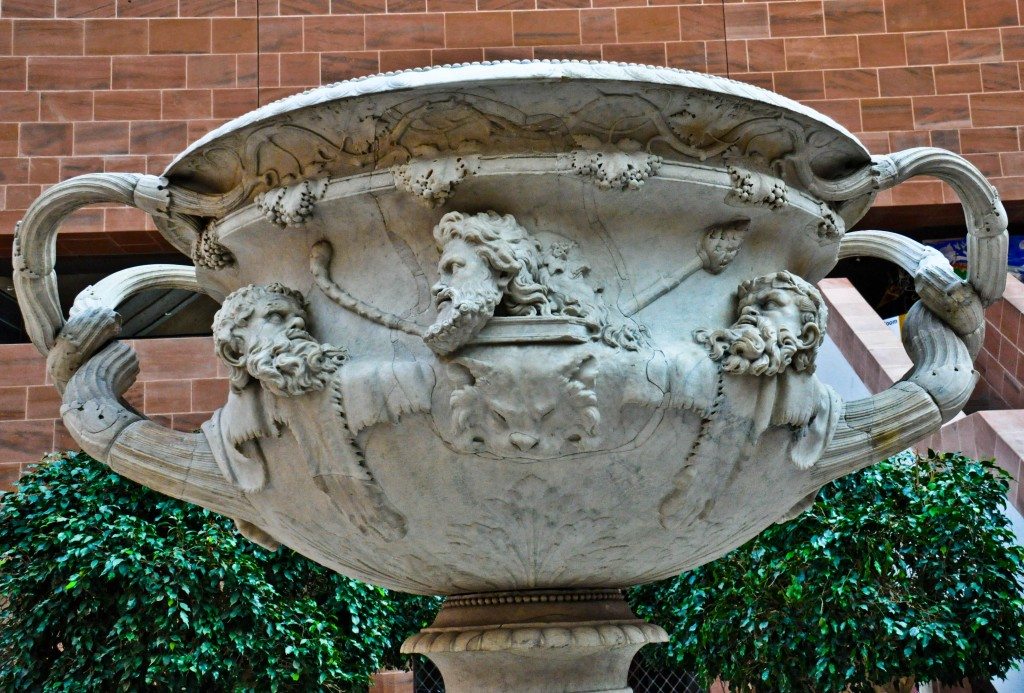 The Warwick Vase. This marble vase was acquired by the Trustees of the Burrell Collection with the assistance of the National Art-Collections Fund, the Scottish Heritage Fund, and anonymous donations. Roman, 2nd century CE, with 18 century reconstruction. It was found at Hadrian’s Villa at Tivoli. The restoration work was probably done by Peranesi and the sculpture Bartolomeo Cavaceppi. 