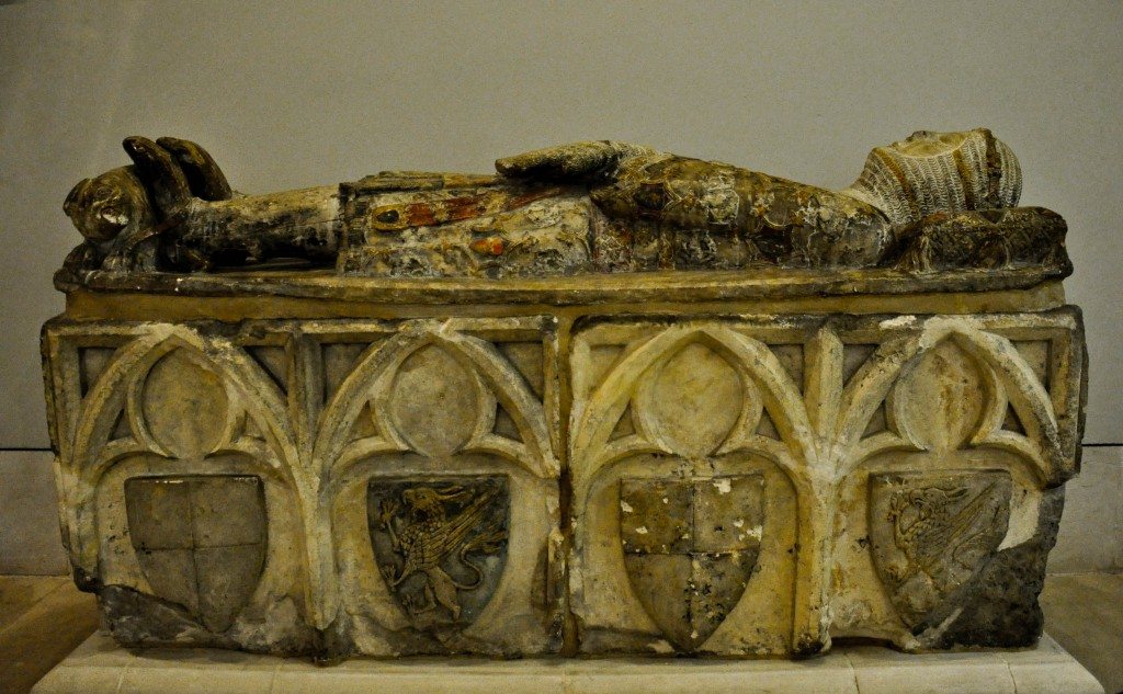 Tomb of a Knight from the Espes family. The effigy is said to represent Don Ramon Perlata de Espes (died 1348 CE). He was captain general of the armies of Aragon and grand admiral of Aragon and Sicily. Formerly in the monarchy of Sta. Maria de Obarra at Calvera near Huesca, northen Spain. Painted limestone. Spanish, mid-14th century. 