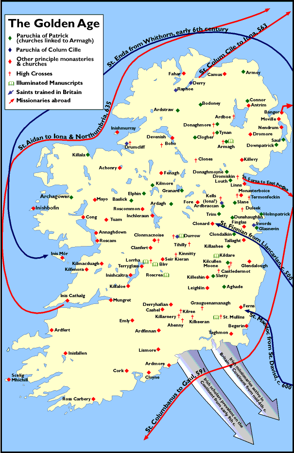 Map of Ireland during its early medieval golden age (c. 400-1000 CE).