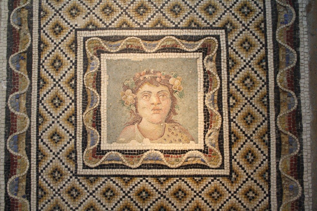 A 3rd century CE Roman floor mosaic depicting Bacchus, god of wine. From via Flaminia, Rome. Palazzo Massimo, Rome.