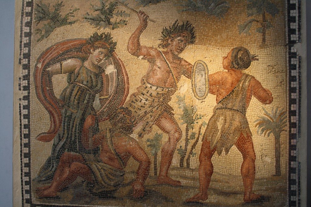 A Roman floor mosaic dating to the 4th century CE and depicting Dionysos fighting Indians. Dionysos was a very popular subject in Roman mosaics. Provenance: Villa Ruffinella, Rome. Palazzo Massimo, Rome.