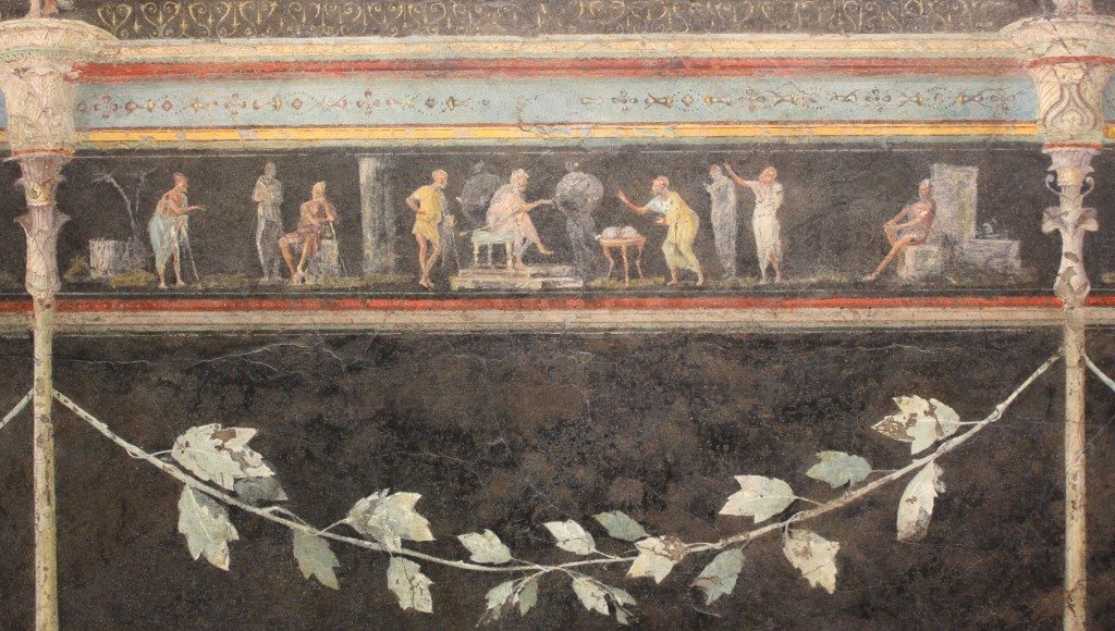 A detail of the 1st century BCE fresco which decorated the dining room (triclinium) of the Villa of the Farnesina in Rome. The long frieze depicts judicial scenes, perhaps famous cases and the events which led to the trial. Palazzo Massimo, Rome.