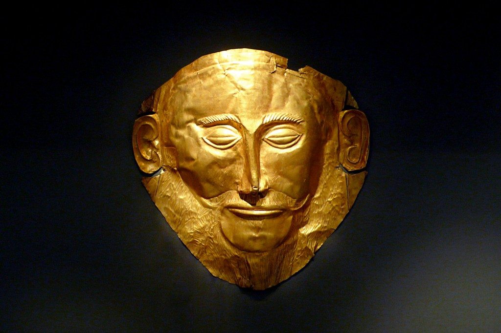 The so-called death mask of Agamemnon - the king of Mycenae in Homer's Iliad.  Gold funeral mask from Grave Circle A, Mycenae (mid-16th century BCE). The mask in fact predates Agamemnon by 400 years but nevertheless remains solid evidence of Homer's description of Mycenae as 'rich in gold'. (National Archaeological Museum, Athens). 