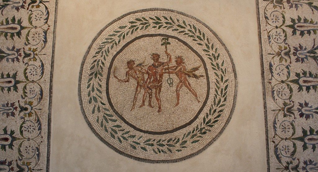 A 2nd century CE floor mosaic depicting Dionysos and satyrs with laurel crowns. From the area of the Villa della Farnesina, Rome. Palazzo Massimo, Rome