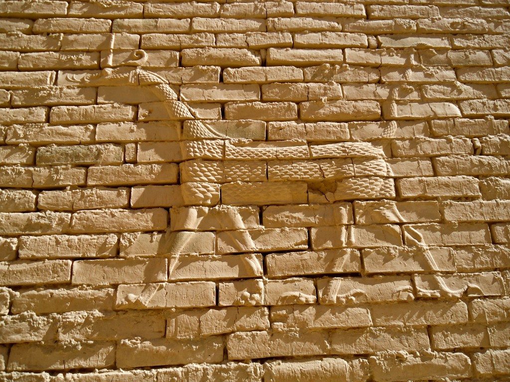 A close-up view of a Sirrush (Mušḫuššu) on a wall at the Processional Street of Babylon. The ones that are present at the Pergamon Museum in Berlin were made with glazed-bricks. 