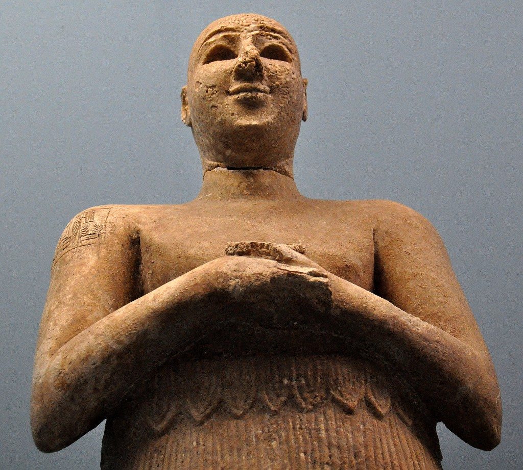 Statue of Lugal-dalu. The cnueform inscriptions on the right shoulder of this man say that this Lugal-dalu, the king of Adab and that the statue was devoted to Esar, the great god of that city. 