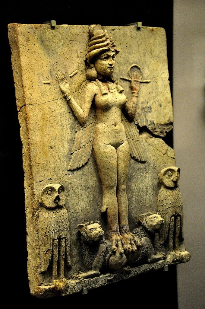Terracotta plaque of the Queen of the Night Relief or Burney Relief at the British Museum. The displaying case lies in room 56, Mesopotamia. 