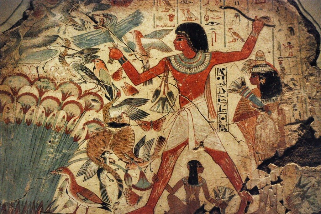 Standing on a small boat, Nebamun hunting in the marshes. His wife and their daughter have come along for the ride. Like many cultures, the Egyptians hoped to enjoy life and see beauty in the afterlife.