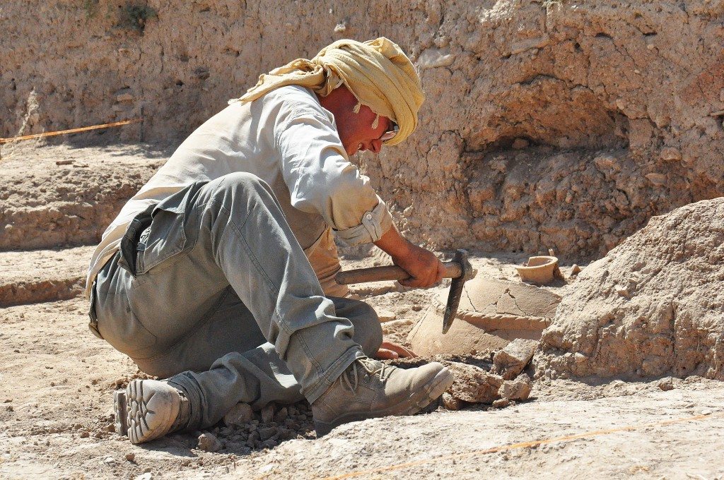 An archeologist tries to uncover a large pottery jar.
