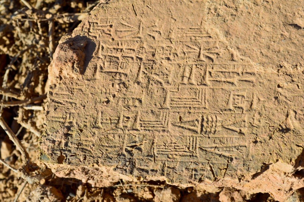 A close-up view of a partially broken stamped mud-brick. I found the brick on the earth! Babylon, modern day Bebel Governorate, Iraq.