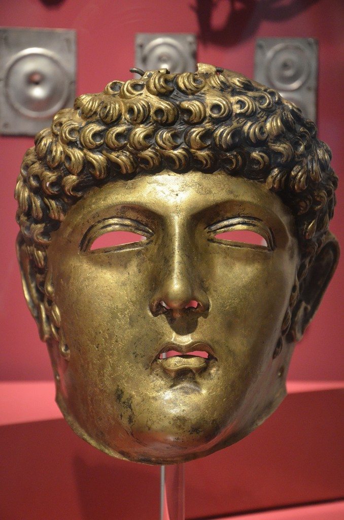 Golden Cavalry Face-Mask Helmet (Type Ribchester) dating from 80-125 CE, found on the bed of the Corbulo Canal (Fossa Corbulonis) near the Roman fort of Matilo (modern Leiden). (Rijksmuseum van Oudheden, Leiden, Netherlands) 