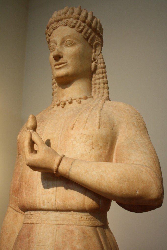 A kore from Attica, Parian marble, 550-540 BCE.