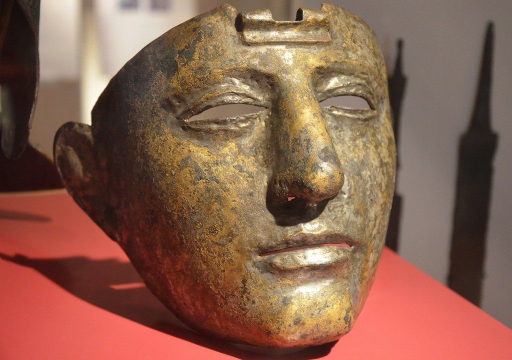 Cavalry Face-Mask Helmet (Type Nijmegen-Kops Plateau), brass sheet on iron core, dating to the 1st or 2nd century CE. (Rijksmuseum van Oudheden, Leiden, Netherlands) 