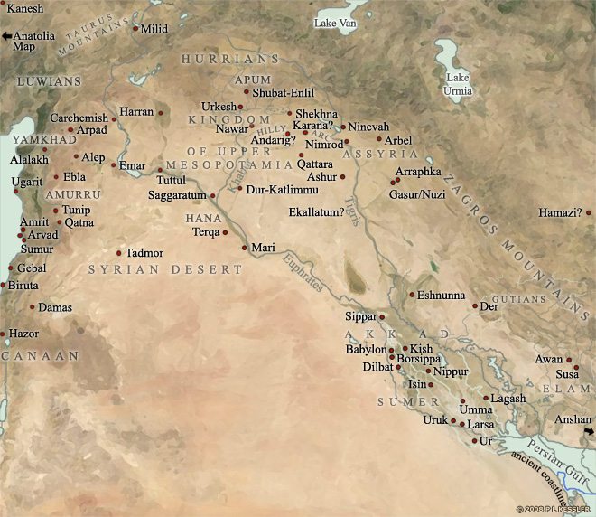 A general map of Mesopotamia, covering the period from 2000-1600 BCE. (©PL Kessler/The History Files. Republished with the author's permission. Original image by P L Kessler, 2012.)