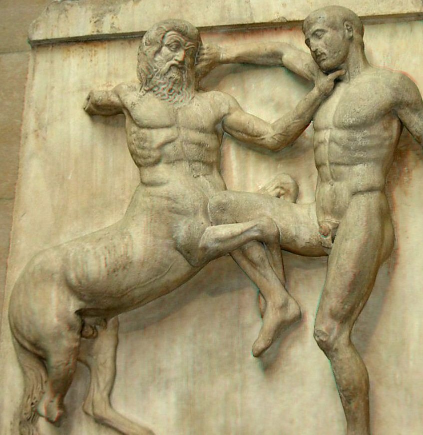 Metope depicting a centaur attacking Lapith from the Parthenon, 5th century BCE. 