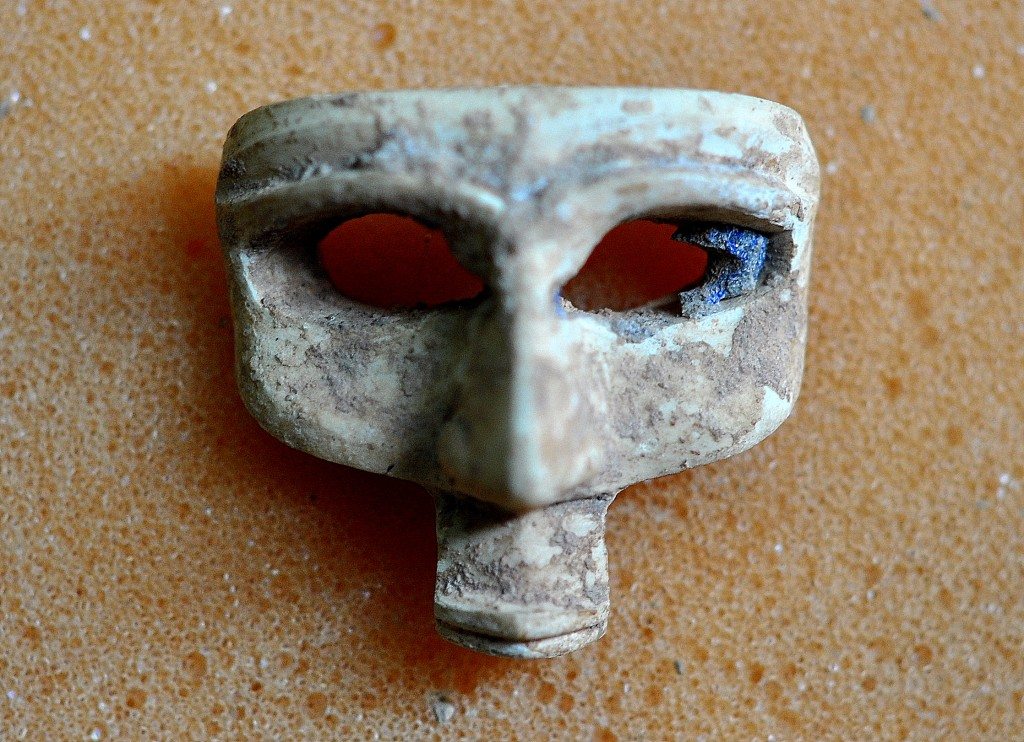 This mask-like ivory is about 1 cm in maximum diameters. Note that the left eye socket was inlayed with lapis lazuli! Neo-Assyrian period, 9th-7th centuries BCE. From Nimrud, Mesopotamia, Iraq. (The Sulaimaniya Museum, Iraq). 