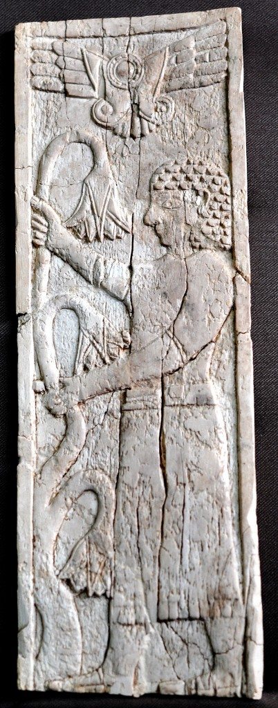 Another carving ivory of a man holding lotus branches. Neo-Assyrian period, 9th-7th centuries BCE. From Nimrud, Mesopotamia, Iraq. (The Sulaimaniya Museum, Iraq). 