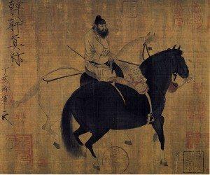 A famous Tang dynasty painting on paper of two prized horses and one rider by Han Gan (c. 706-783 CE).