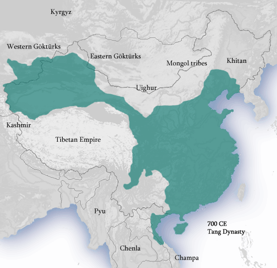 Map of the Tang Dynasty, c. 700 CE, at its apex. The Chinese controlled areas are shaded in green, while Turkic peoples and other polities are detailed as well.