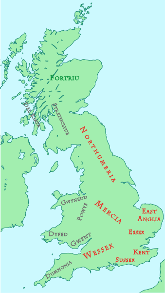 This map shows kingdoms in the island of Great Britain at about the year 800 CE. 