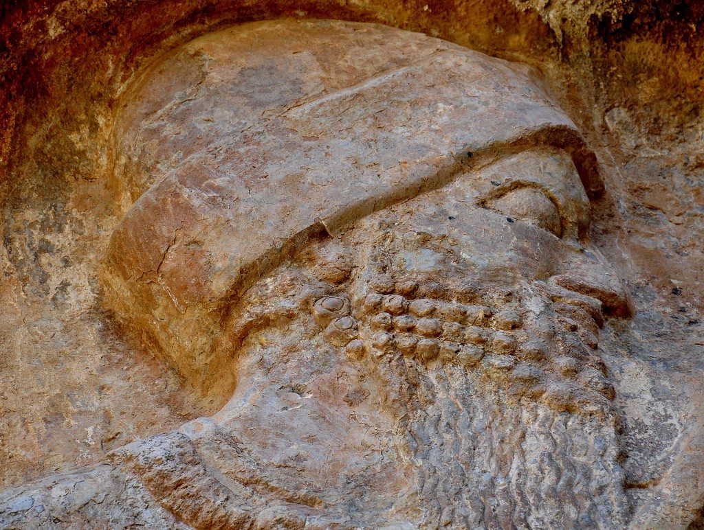 A close-up view of the head of the main figure of the relief. Note the rolled up cap which fits the head as well as the curly beard. 