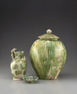Green-Splashed Ewer, Bowl and Lidded Jar. Probably Gongxing kilns, Henan Province, China, 825-50 CE. Acc. Nos. 2005.1.00403, .00398, and .00377-1/2–2/2. Copyright © Asian Civilisations Museum, Singapore. Photo by John Tsantes and Robert Harrell, Arthur M. Sackler Gallery.