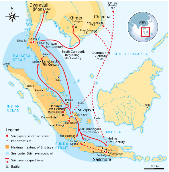 Maximum extent of Srivijaya Empire around the eighth century CE. Expanding from Sumatra, Central Java, to Malay Peninsula. The red arrows show the series of Srivijayan expedition and conquest, in diplomatic alliances, military campaign, or naval raids.
