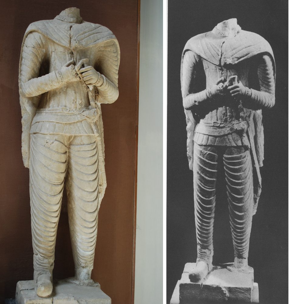 Statue of Makai ben Nashri seen in 3:16 of video. Left photo by Diane Siebrandt, U.S. State Department, 2008. Right photo from Safar and Mustafa, Hatra: The City of the Sun God, p. 78.