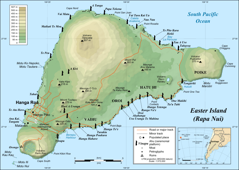 Map of Easter Island, using <em>moai</em> to show locations of various <em>ahu</em> (ceremonial platforms). There are close to 900 <em>moai</em> on the island; presently, half are still in the quarry where they were originally made, but the other half are located around the island's perimeter. (Original uploader was Eric Gaba at en.wikipedia, 2008-21-10. This file is licensed under the Creative Commons Attribution-Share Alike 2.5 Generic license.)