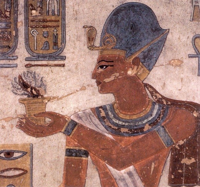 Ramses III offering incense to the gods on wall painting in KV11 at Medinet Habu in Luxor, Egypt. 12th century BC. (Original image uploaded by Sinuhe20 in 2010 on Wikipedia and released into public domain. This is a faithful photographic reproduction of a two-dimensional, public domain work of art.)