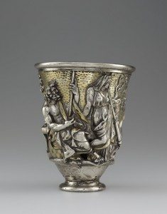 Beaker with Imagery Related to Isthmia and Corinth, 1 – 100. Roman. Silver and gold. Object: H: 12.6 x Diameter: 10.3 cm, Weight: 463 g (4 15/16 x 4 1/16 in., 1.0207 lb.). Diameter: 4.7 cm (1 7/8 in.). Accession No. VEX.2014.1.10Bibliothèque nationale de France, Département des monnaies, médailles et antiques, Paris. 