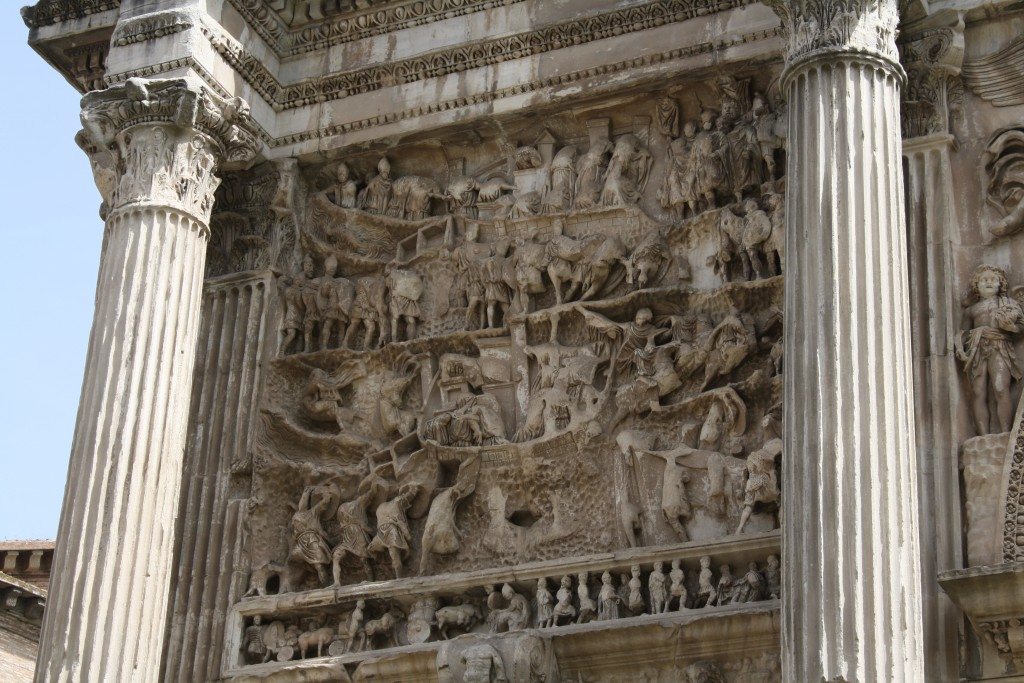 The panels, two on each façade, depict battle scenes, seiges, prisoners, and the emperor addressing his troops during his campaigns in Parthia in the last decade of the 2nd century CE.