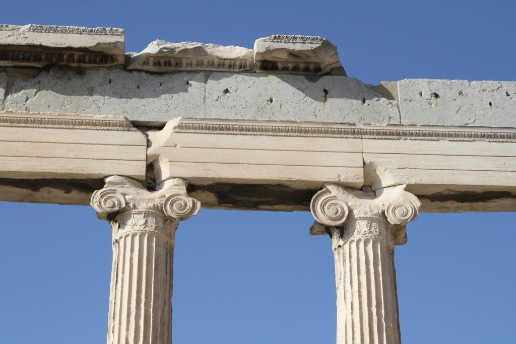 A detail of two Ionic capitals of the front facade of the Erechtheion.