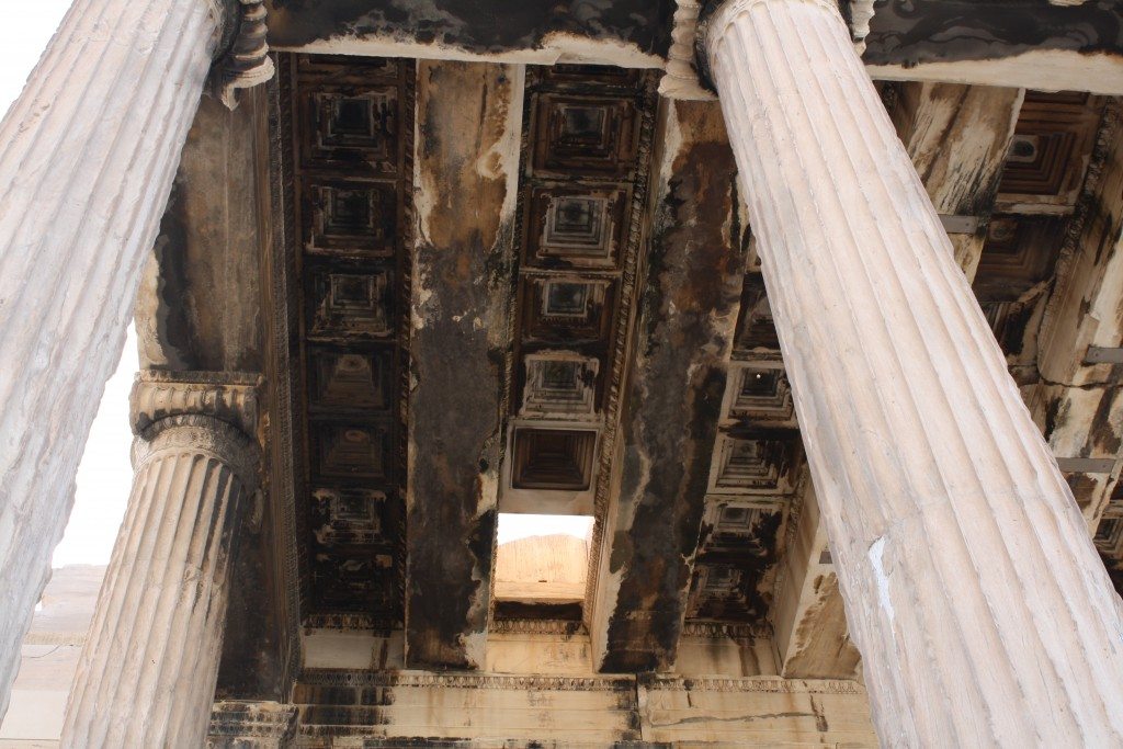 The ceiling of the north porch of the Erechtheion. Here was an altar and precinct sacred to Zeus Hypatos, as it was believed to be the spot where Zeus struck down Erechtheus with a thunderbolt 