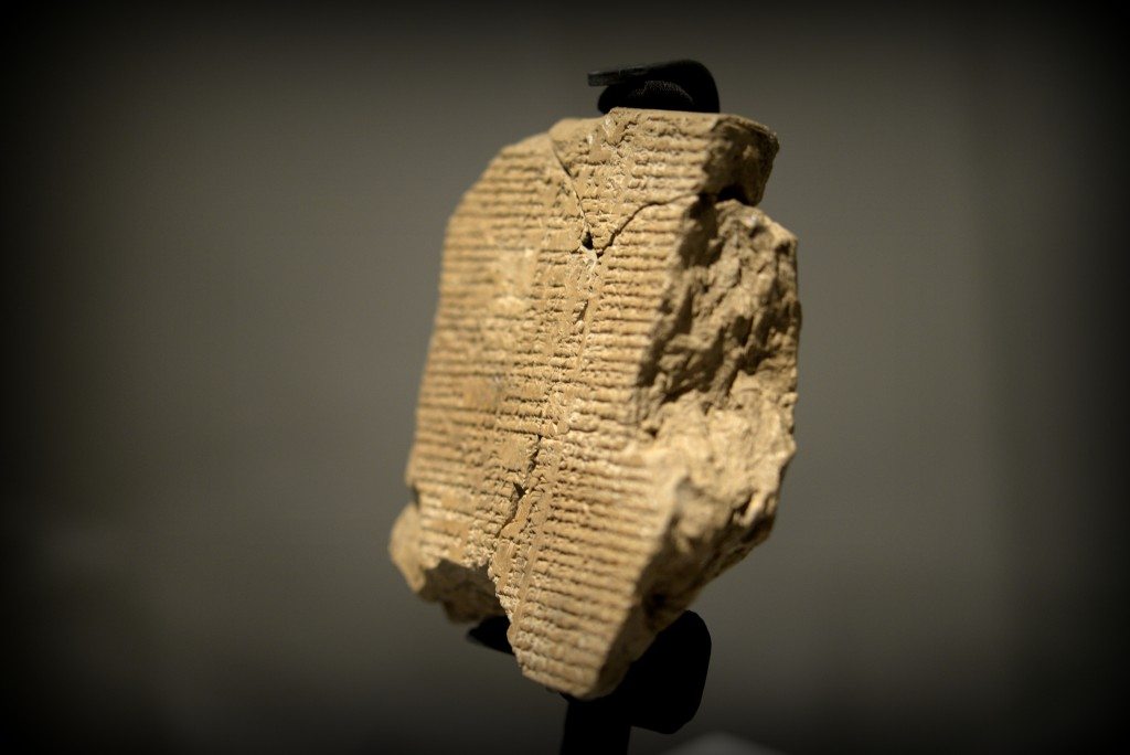 A newly discovered tablet V of the epic of Gilgamesh. The left half of the whole tablet has survived and is composed of 3 fragments. The Sulaymaniyah Museum, Iraq. Photo © Osama S.M. Amin.