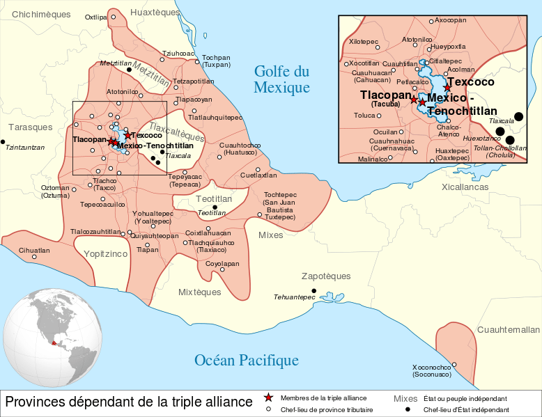  A map indicating the maximum extent of the Aztec civilization which flourished between c. 1345 and 1521 CE in what is now Mexico. The three major cities which formed the Aztec Triple Alliance were Tenochtitlan, Texcoco and Tlacopan. 