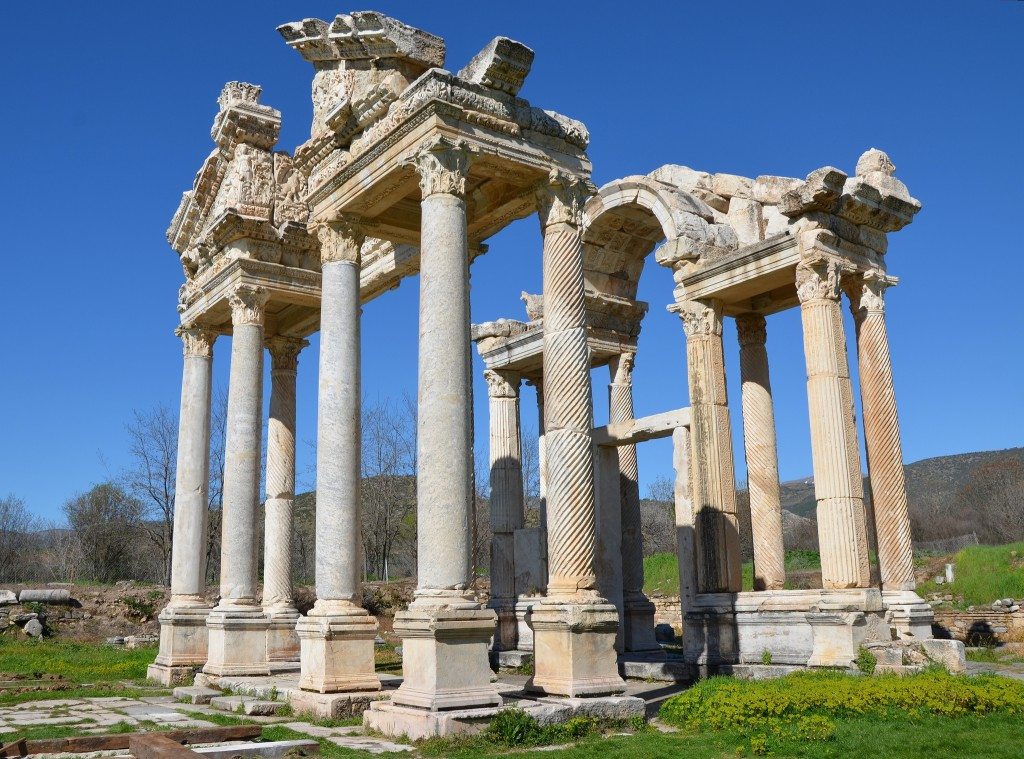 The imposing Aphrodisias Tetrapylon, a monumental gateway built in the 2nd century AD